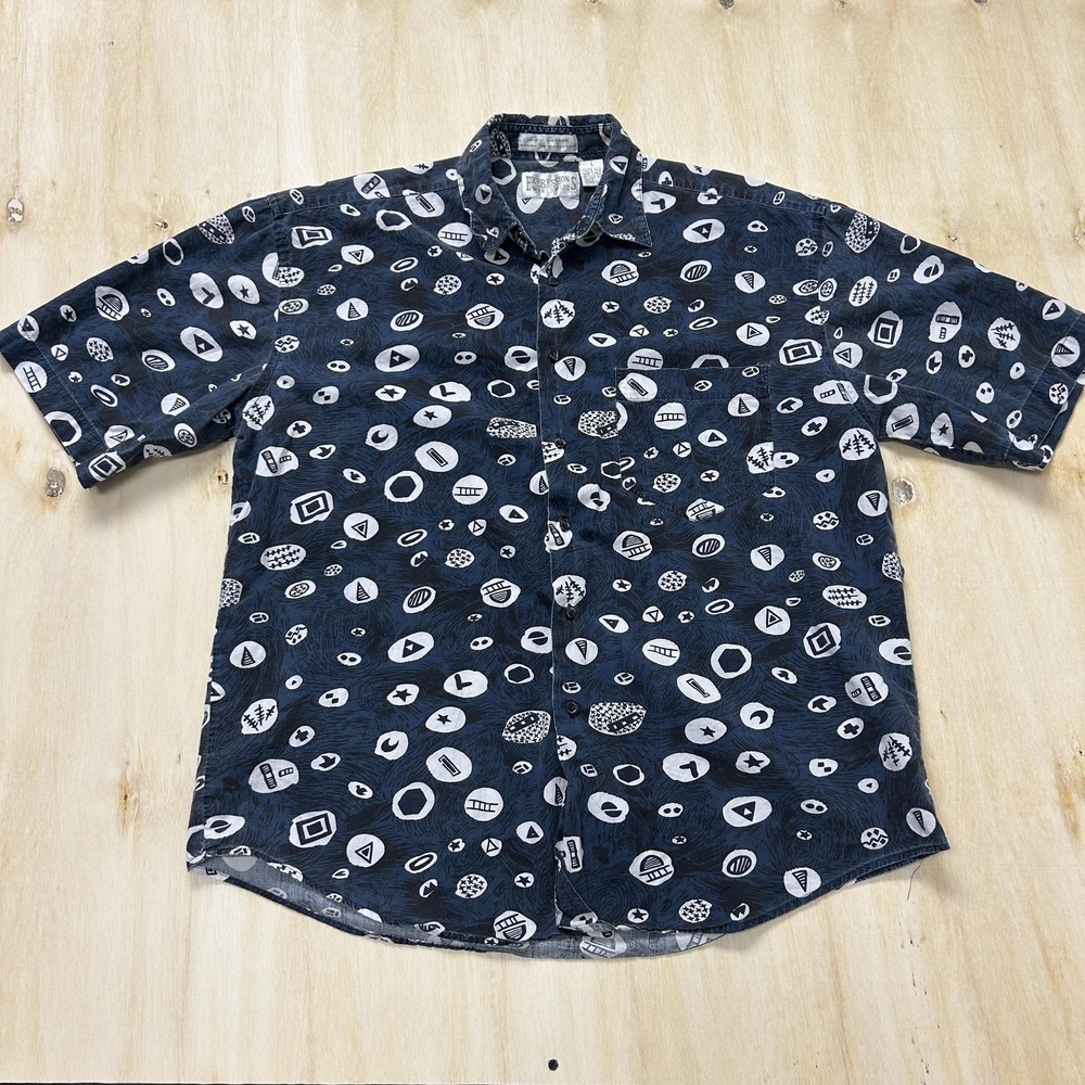 Vintage Expressions Worldwide Shirt Mens Large Blue Print Short Sleeve Button Up